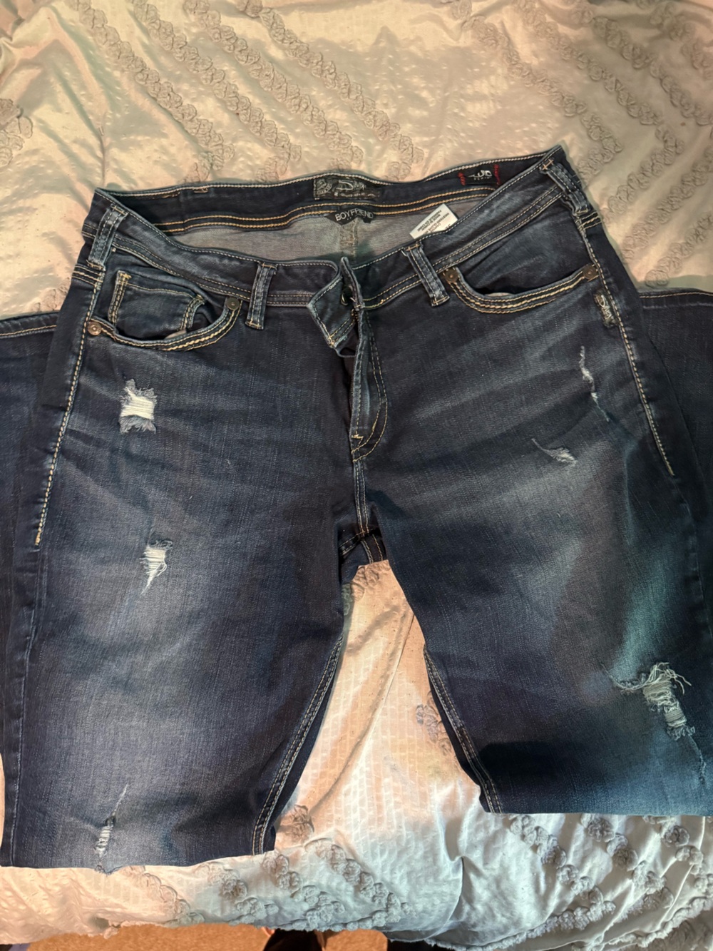 Silver Jeans Women's Straight Leg Dark Blue Distressed Jeans